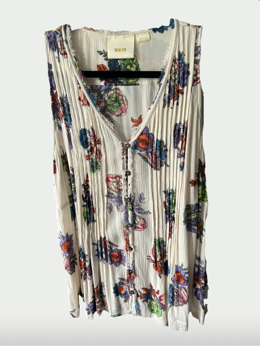 Maeve White Floral Button-Front Tank Top with Multicolor Print